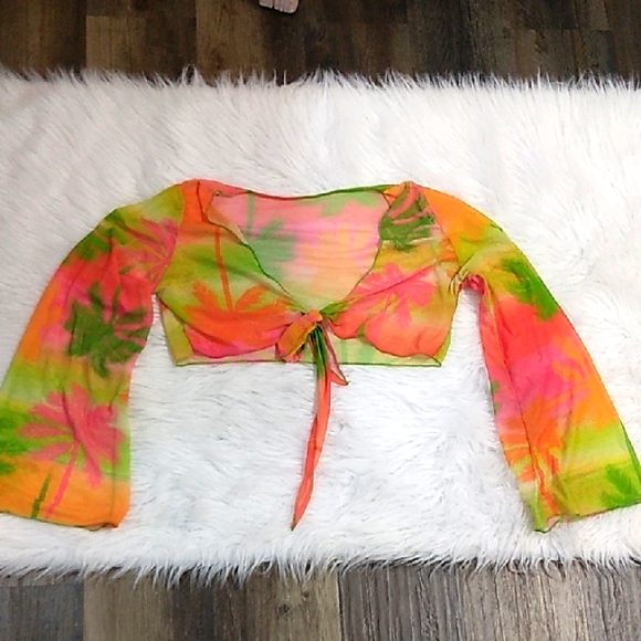 unbranded Tops - Neon Tropical Print Mesh Sheer Wide Sleeve‎ Tie Front Cropped Cardigan Size Lrg